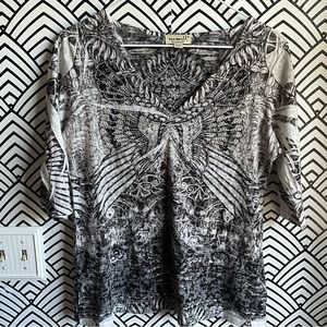 One world fairy core shirt black white embellished size M y2k angel wings 2000s